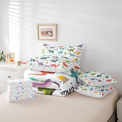 Feelyou Kids Cartoon Dinosaur 7 Piece Bedding Set Colorful Dinosaur Comforter Set with Sheets for Boys Girls Jungle Dino Bed in a Bag Animal Theme Bed Set Soft Lightweight
