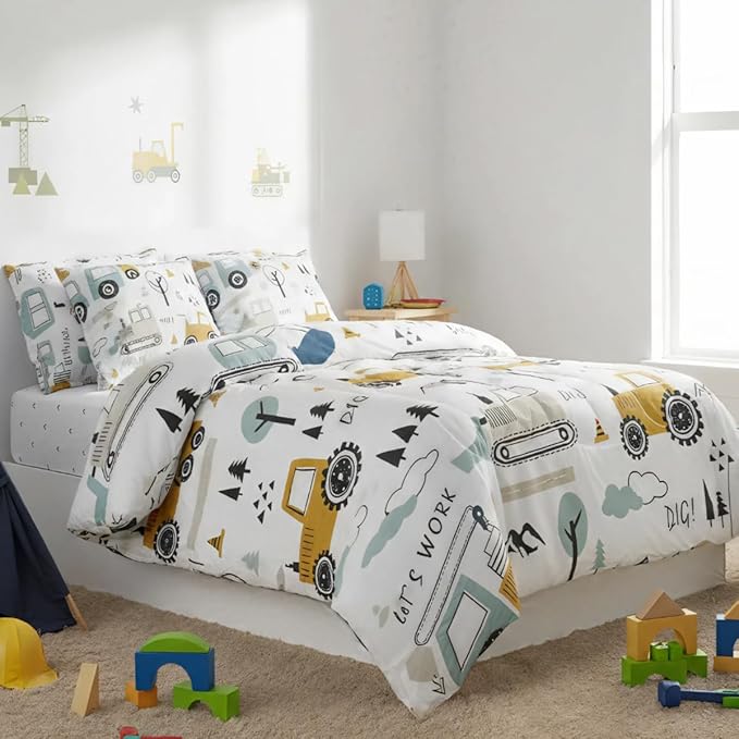 Feelyou Cartoon Car Kids Comforter Set with Sheets 7 Piece Queen Size Construction Bedding Set Boys Decor Equipment Trucks Bed in a Bag Excavator Tractor White Yellow Bed Set Bedroom