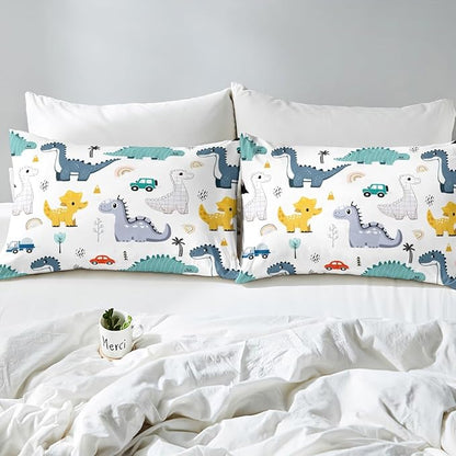 Cartoon Dino Boys Duvet Cover Set Full Size,Cute Dinosaur Animal Blue Yellow Sketch Comforter Cover with 2 Pillowcases,Cars Rainbow Trees Printed Kawaii Breathable Bedspread for Boys Teens