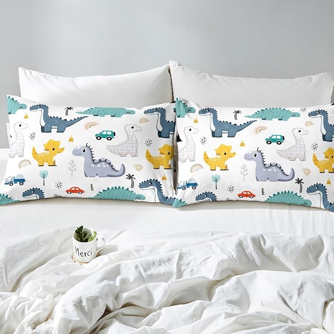 Cartoon Dino Boys Duvet Cover Queen Size,Cute Dinosaur Animal Blue Yellow Sketch Duvet Cover Set for Children Adult,Cars Rainbow Trees Printed Kawaii Soft Comforter Cover for Dorm Room, Zipper, Ties