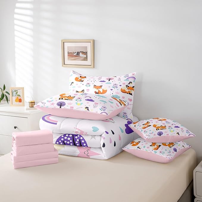 Erosebridal Floral Fox Comforter Set Twin Size,Cartoon Zoo Animal Bedding Set for Kids Teens,Cute Flower Bed in a Bag （Comforter, Sheets, Pillowcases & Cushion Covers）