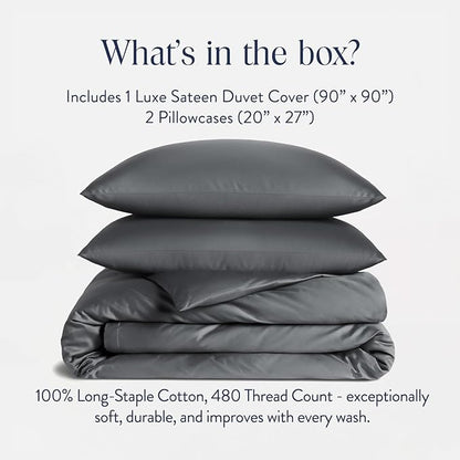 Brooklinen Luxury Sateen Duvet Cover Set - 100% Cotton, Full/Queen Size in Slate Grey - Includes 1 Duvet Cover and 2 Standard Pillowcases - Best Full/Queen Duvet Covers