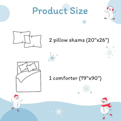 JSD Blue Snowman Kids Comforter Set Full Size, 3 PC Christmas Winter Printed Microfiber Bedding Set for Boys Girls Teens