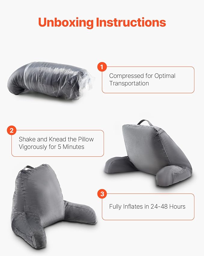 VEVOR Reading Pillow, Large Size Back Pillow for Bed Sitting Up with 3 Pockets, Sitting Pillow for Bed with Shredded Memory Foam, Bed Chair Pillow for Watching TV, Reading, Gaming, Resting, Grey