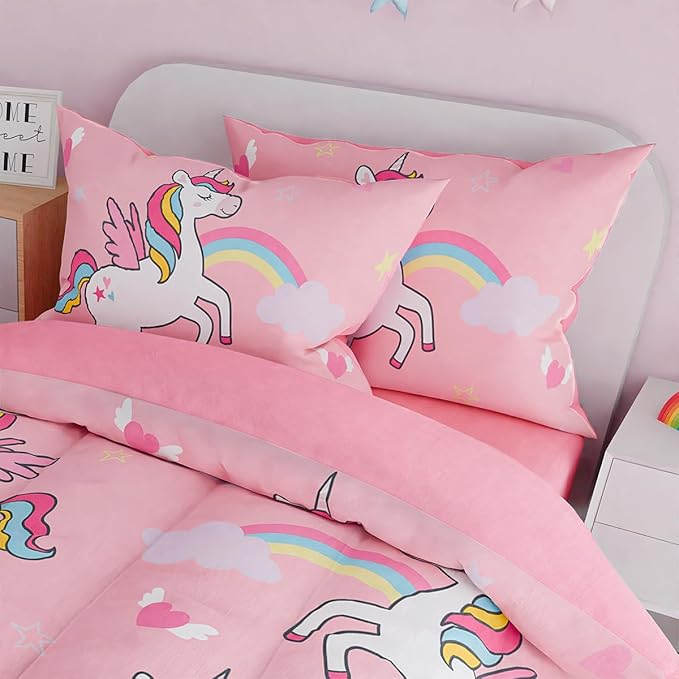 SANDJEST Unicorns Bedding Twin Set for Girls Kids Children, Ultra Soft Microfiber Comforter Set with 3-Pieces, Comforters Bed Sets Bedroom Decor