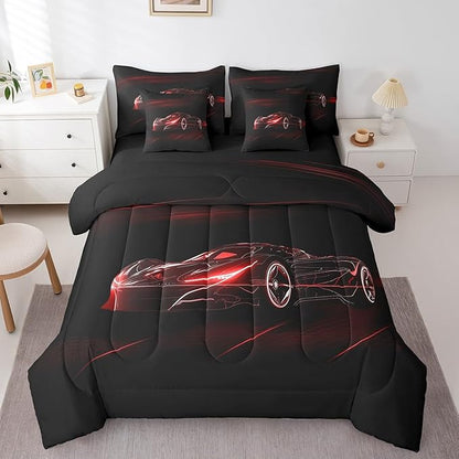 Feelyou Red Race Car 7 Piece Bedding Set Full Size for Kids Boys Extreme Sport Games Comforter Set with Sheets Teens Toddler Fast and Furious Bed in a Bag Cool Modern Bed Set