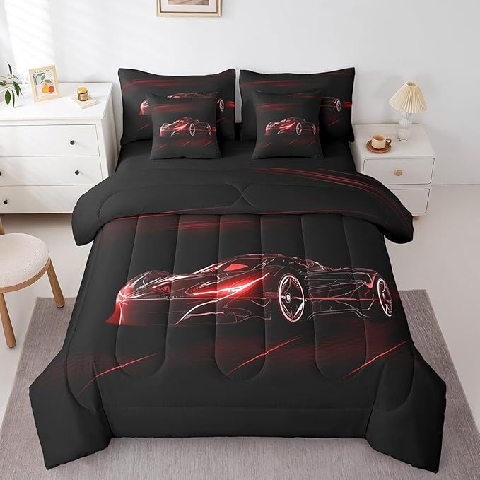 Feelyou Red Race Car 7 Piece Bedding Set King Size for Kids Boys Extreme Sport Games Comforter Set with Sheets Teens Toddler Fast and Furious Bed in a Bag Cool Modern Bed Set