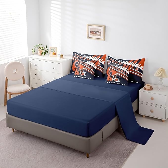 American Football City Helmet Bedding Sets Queen, 3D Sports Football Game Comforter Orange Navy Football Comforter + Flat Sheet + Fitted Sheet + 2 Pillowcases + 2 Throw Pillow Covers (Chicago)