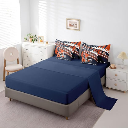 American Football City Helmet Bedding Sets Full, 3D Sports Football Game Comforter Orange Navy Football Comforter + Flat Sheet + Fitted Sheet + 2 Pillowcases + 2 Throw Pillow Covers (Chicago)