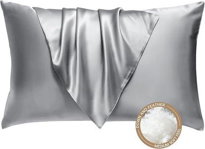 BHZ Grey Satin Goose Down Feather Pillows Queen Size with Satin Pillowcase for Hair and Skin, Cooling Pillow Cases Similar to Silk Pillow Cases, Decorative for Women, Mom Men