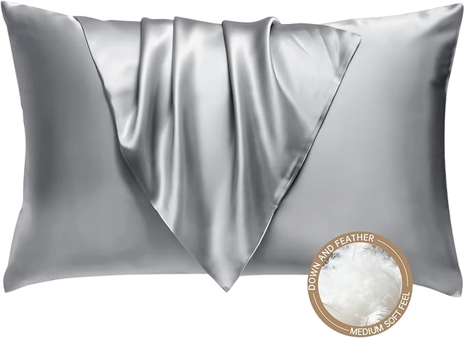 BHZ Grey Satin Goose Down Feather Pillows King Size with Satin Pillowcase for Hair and Skin, Cooling Pillow Cases Similar to Silk Pillow Cases, Decorative for Women, Mom Men