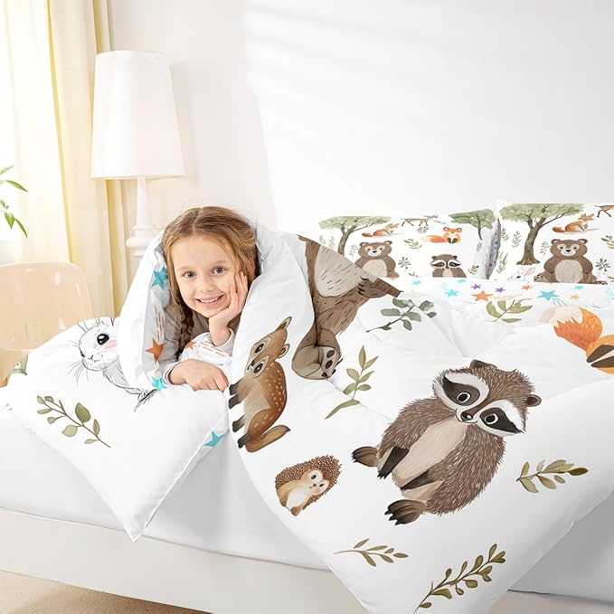 jejeloiu Woodland Animals Bedding Set Toddle Size Bear Fox Comforter Set for Kids Boys Girls Neutral Theme Duvet Set Forest Animal Quilt Set 2Pcs