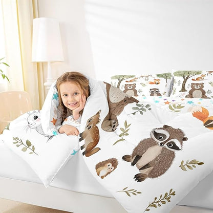 jejeloiu Woodland Animals Bedding Set King Size Bear Fox Comforter Set for Kids Boys Girls Neutral Theme Duvet Set Forest Animal Quilt Set 3Pcs