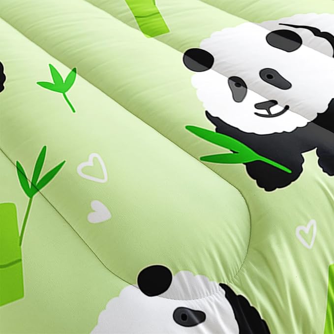 Kawaii Cartoon Black White Panda 3Pcs Bedding Animal Themed Comforter Twin Bamboo Heart Pattern Bedding Set for Kid Teen Girl Boy Bed Decor Green Paw Quilt with 1 Comforter and 2 Pillowcases
