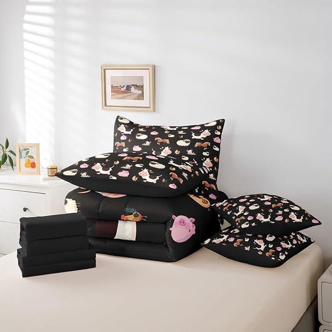 Feelyou Farm Animal 7 Piece Bedding Set Twin Size Cartoon Animals Comforter Set with Sheets for Boys Girls Black Bed in a Bag Funny Country Theme Bed Set
