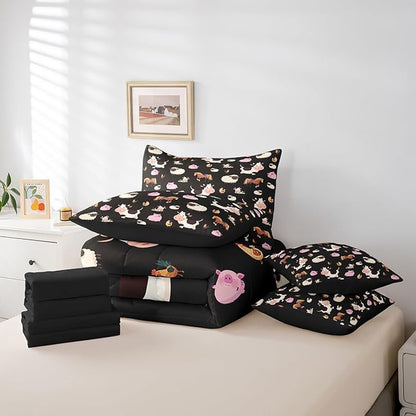 Feelyou Farm Animal 7 Piece Bedding Set Queen Size Cartoon Animals Comforter Set with Sheets for Boys Girls Black Bed in a Bag Funny Country Theme Bed Set