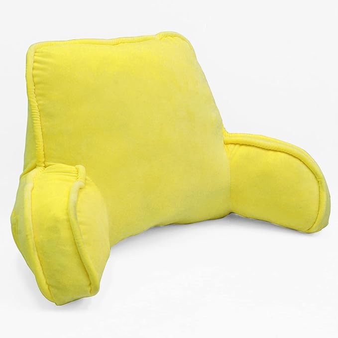 Super Soft Velvety Backrest Reading Bed Rest Pillow with Arms and Pockets 18" H for Sitting in Bed Couch Sofa, Back Support Wedge Cushion with Removable Cover, 20" x 18" x17", Butter Yellow