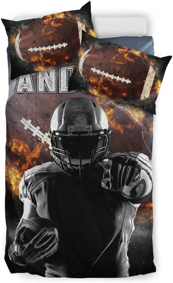 Personalized American Football Bedding Set, Kids 3 Piece Duvet Cover Set with Pillow Shams for Teens Boys, NO Comforter, Twin Size for Rugby Lovers (Football 01)