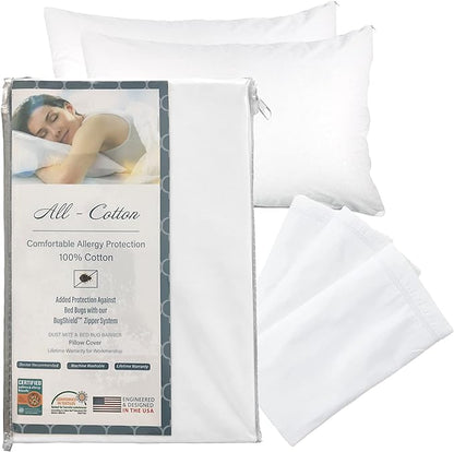 National Allergy Premium 100% Cotton Zippered Pillow Protector - King Size - White - 300 Thread Count - Hypoallergenic Bed Pillowcase with Zipper - Breathable Encasement Cover