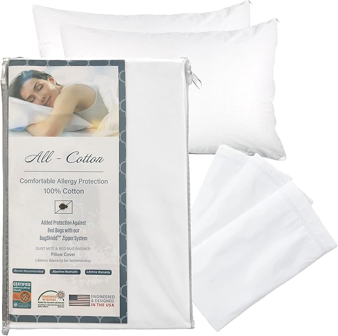 National Allergy Premium 100% Cotton Zippered Pillow Protector - King Size - White - 4 Pack - 300 Thread Count - Hypoallergenic Bed Pillowcase with Zipper - Breathable Encasement Cover