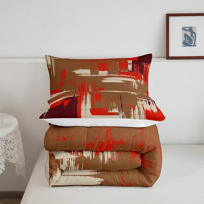 Feelyou Abstract Bedding Set Kids Modern Abstract Art Comforter Set Brown Orange Comforter for Boys Room Decor Lightweight Retro Duvet Set Toddler Size with 1 Pillow Case