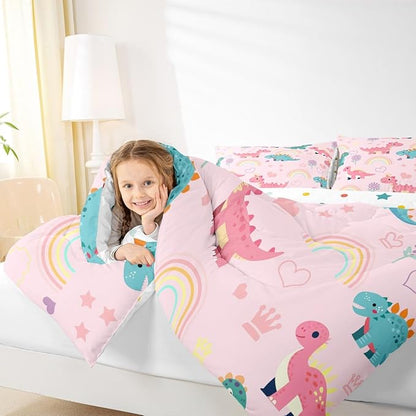 Castle Fairy Lovely Dino Kids Comforter Set Queen Size,Cute Rainbow Floral Love Heart Reversible Bedding Set for Girls Bedroom Decor Pink Blue Dinosaur Kawaii Animal Quilted Duvet,2 Pillowcases