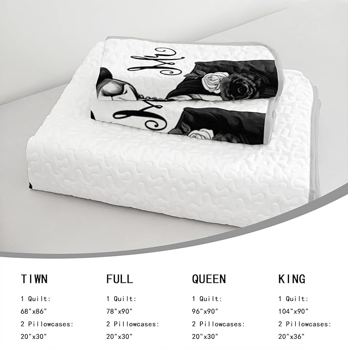 AILONEN Black and White Queen Size Quilt Set,Mr Mrs Skull Bedspread Coverlet + 2 Pillowcases,3Pcs Valentines Skeleton His Hers Bed Cover for Couples Lovers