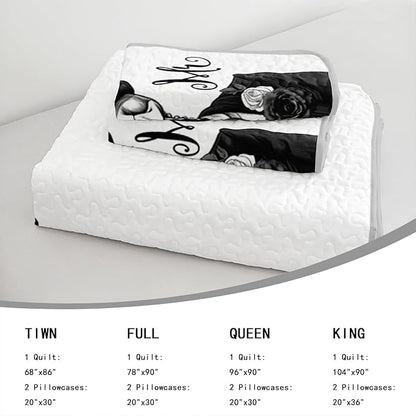 AILONEN Black and White Queen Size Quilt Set,Mr Mrs Skull Bedspread Coverlet + 2 Pillowcases,3Pcs Valentines Skeleton His Hers Bed Cover for Couples Lovers
