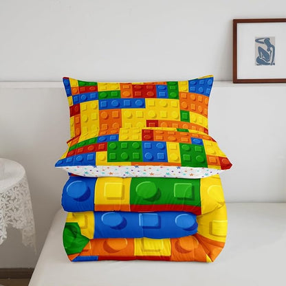 Feelyou Games Comforter Set Toddler Building Blocks Bedding Set for Kids Boys Girls Colorful Geometric Toy Brick Comforter Gaming Nursery Quilt Duvet Set with 1 Pillowcase Boys