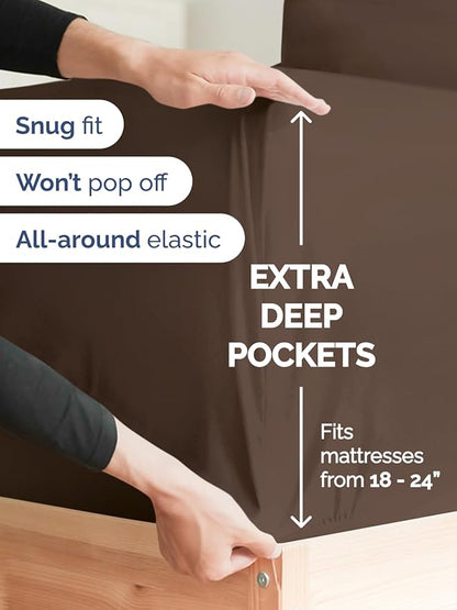 Extra Deep Twin XL Sheet Set - 4 Piece Breathable & Cooling Sheets - Hotel Luxury Bed Sheets Set - Easy & Secure Fit - Soft, Wrinkle Free & Comfy Sheets Set - Brown Sheet Set with Extra Deep Pockets