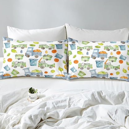 Garbage Truck Bedding Trash Truck Comforter Set Green Garbage Cool Design Bedding Sets All Season Gift for Kids Boys Girls Child, Cartoon Waste Management Vehicle Duvet Set Full with 2 Pillowcases