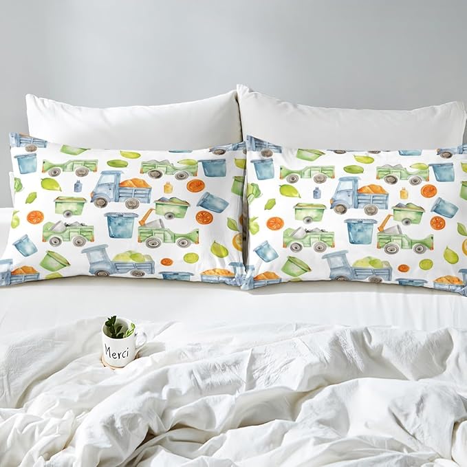 Garbage Truck Bedding Trash Truck Comforter Set Green Garbage Cool Design Bedding Sets All Season Gift for Kids Boys Girls Child, Cartoon Waste Management Vehicle Duvet Set King with 2 Pillowcases
