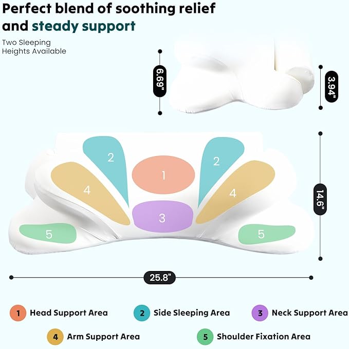 Smug Cervical Neck Pillow for Sleeping, Cooling Ergonomic Memory Foam Pillow with Arm Rest Slot and Ice Silk Pillowcase, Dual Height Orthopedic Support Contour for Side, Back, Stomach Sleepers