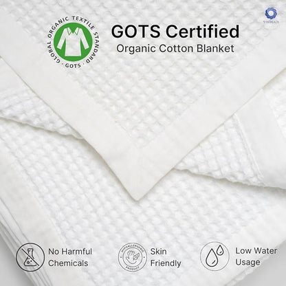 GOTS Certified Organic Cotton Waffle Weave Blanket, Throw Bed Blanket,50"X60" Cozy Throw Blanket for Couch, Modern Home Decor, Throw Blankets, Comfy Waffle Blanket & Soft Bed Blankets -White