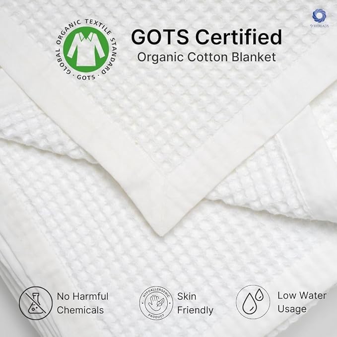 GOTS Certified Organic Cotton Waffle Weave Blanket, Twin Bed Blanket, 66"X90"Cozy Throw Blanket for Couch, Modern Home Decor, Throw Blankets, Comfy Waffle Blanket & Soft Bed Blankets - White