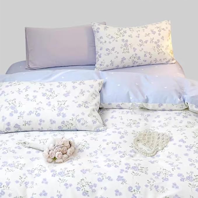 Floral Duvet Cover Queen Size Purple Lavender Heart Bedding Set 3Pcs Spring Romantic Aesthetic Garden Flower Love Pattern Cooling Comforter Cover with Zipper Closure and 2 Pillowcases