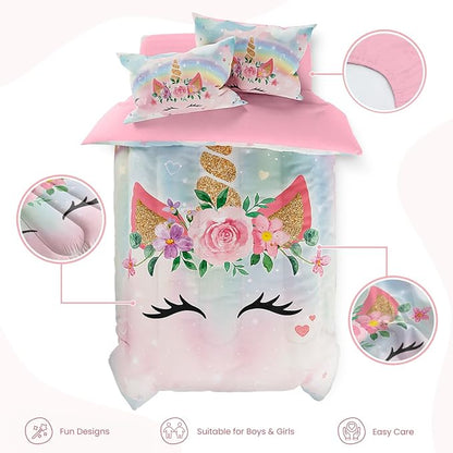 SANDJEST Unicorns Bedding Set for Girls Kids Teen Tween, Ultra Soft Microfiber Comforter Set Twin Size with 3-Pieces, Comforters Bed Sets Bedroom Decor