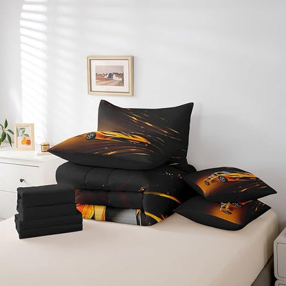 Feelyou Boys Yellow Race Car 7 Piece Bedding Set King Size Speed Sports Car Comforter Set with Sheets for Kids Teens Adult Fast and Furious Bed in a Bag Yellow Ombre Bed Set