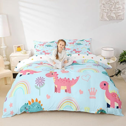 Kawaii Dino Duvet Cover Set King Size,Cute Rainbow Floral Love Heart Reversible Comforter Cover with 2 Pillowcases,Blue Pink Dinosaur Cartoon Animal Microfiber Quilt Cover Set (NO Comforter)