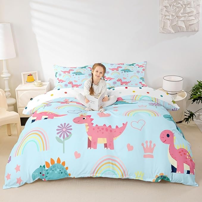 Kawaii Dino Duvet Cover Set Toddler Size,Cute Rainbow Floral Love Heart Reversible Quilt Cover for Kids Boys Girls Blue Pink Dinosaur Cartoon Animal Bedding Set with 1 Pillowcase,No Comforter