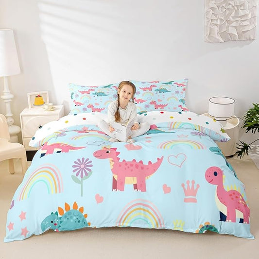Kawaii Dino Duvet Cover Set Toddler Size,Cute Rainbow Floral Love Heart Reversible Quilt Cover for Kids Boys Girls Blue Pink Dinosaur Cartoon Animal Bedding Set with 1 Pillowcase,No Comforter