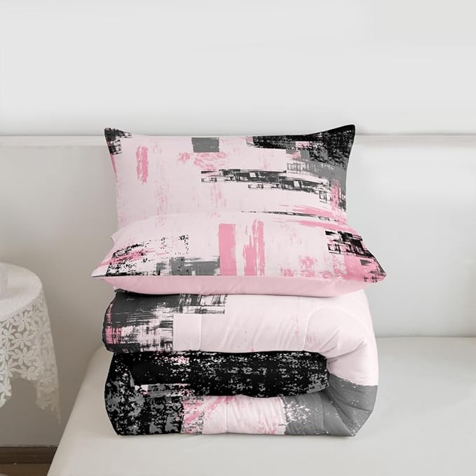 Feelyou Abstract Bedding Set Kids Modern Abstract Art Comforter Set Pink Black Comforter for Boys Room Decor Lightweight Retro Duvet Set King Size with 2 Pillow Case