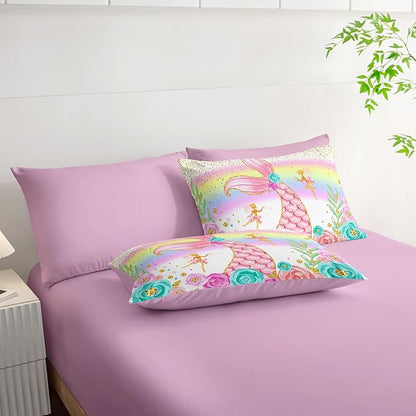 Mermaid Comforter Set Twin - 7 Piece Girls Bedding, Pink Teal Floral Bed Set, Soft Microfiber Comforter, Sheets, Pillowcases