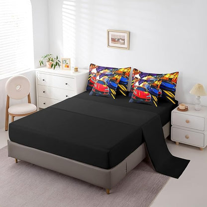 Feelyou Racing Car 7 Piece Bedding Set King Size Red Blue Racing Car Comforter Set with Sheets for Kids Boys Teens Dinosaur Monster Bed in a Bag Fast and Furious Bed Set