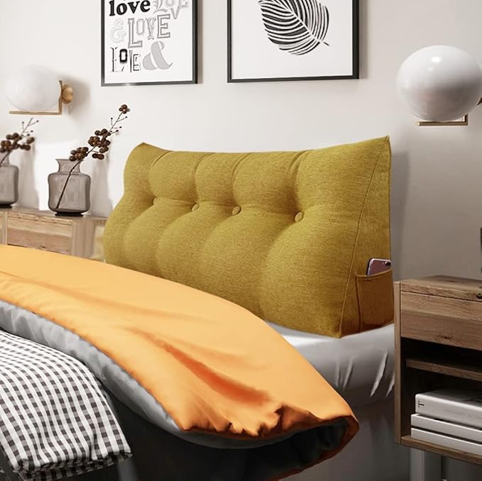 Headboard Pillow Wedge Full Size Large Bolster Pillow for Bed Triangle Reading Pillow Back Support Pillow for Sitting Up in Bed XXL Couch Daybed Bed Rest Backrest Cushion Linen Yellow