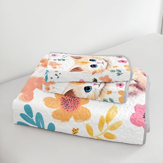 Kawaii Cat Quilt Set,Orange Cat Flowers Pattern Bed Set for Toddler Kids Girls Room Decor,Cute Bedding Twin Quilted Sets with 2 Pillowcases.