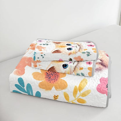 Kawaii Cat Quilt Set,Orange Cat Flowers Pattern Bed Set for Toddler Kids Girls Room Decor,Cute Bedding King Quilted Sets with 2 Pillowcases.