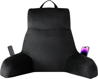 Reading Pillow with Arms for Adult, Back Pillow for Bed Sitting Up, Shredded Memory Foam Backrest Pillow with Pockets & Removable Washable Cover, Lounging, Watching TV, Reading(24inch Black)