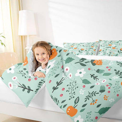 Erosebridal Green Floral King Comforter Set - Boho Flower Cute Bedding Set for Girls Kids Teen, Botanical Plant Green Leaves Quilt, Country Cottage Bedroom Decor with 2 Pillowcases, Breathable