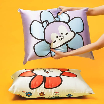 Kitsch x BT21 Satin Pillowcase with Zipper – Better Than Silk Pillowcase, Mang Character & Funky Floral Print – Soft Cooling Toddler Bed Time Pillow Case for Hair & Skin – Queen/Standard 19x26
